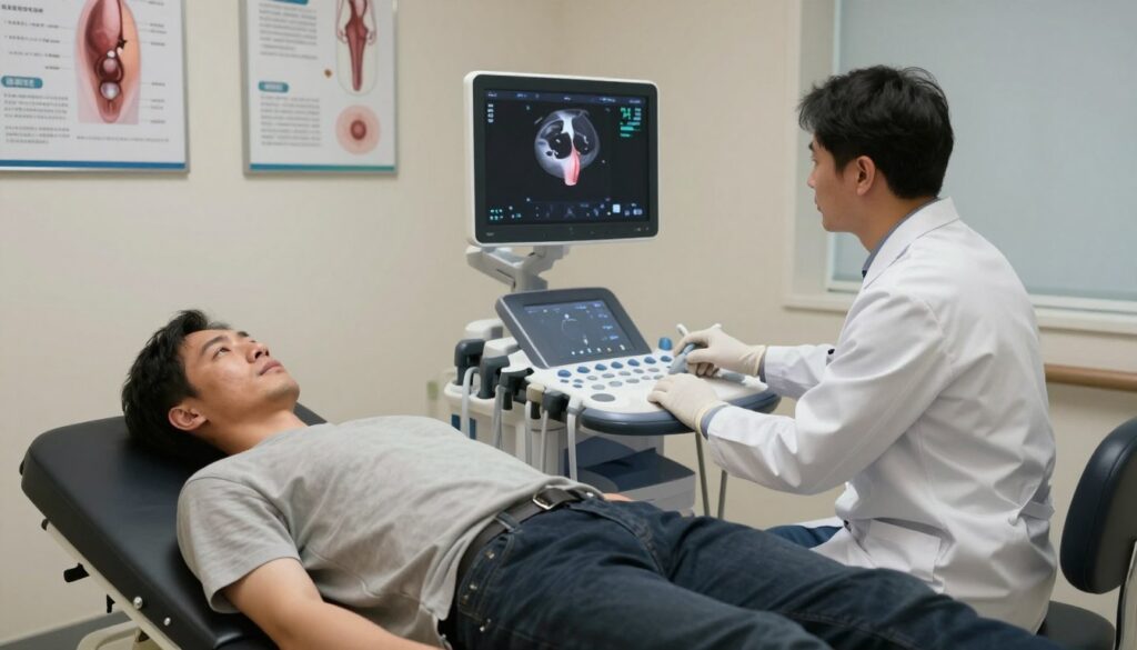 A modern medical examination room, showcasing the step-by-step process of a prostate ultrasound (USG). In the foreground, a patient in modest casual attire lies on the examination table, looking calm and relaxed. A professional healthcare provider in a lab coat, wearing gloves, is preparing the ultrasound machine, demonstrating a sense of care and expertise. In the middle ground, the state-of-the-art ultrasound equipment displays a clear image of the anatomy on the monitor. The background features medical posters about prostate health and soft ambient lighting that creates a reassuring atmosphere. The scene is captured from a slightly elevated angle to provide a comprehensive view of the examination process while conveying professionalism and empathy in a medical environment.
