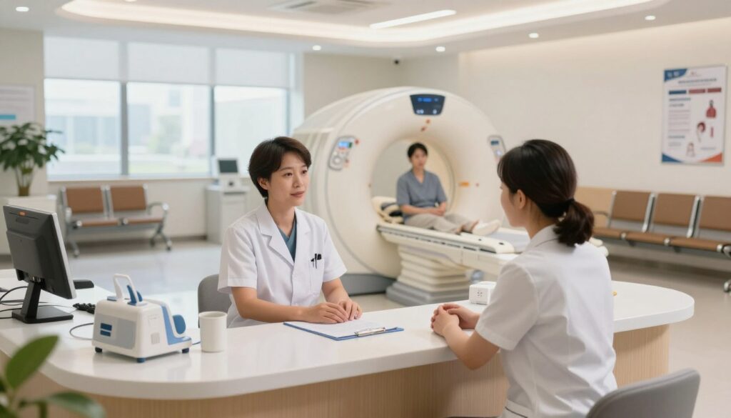 A modern medical facility's MRI preparation area, showcasing a clean and organized reception desk in the foreground, where a professional staff member interacts with a patient, dressed in professional attire. In the middle ground, another staff member is seen conducting an interview with a patient, who appears calm and reassured. Around them, medical instruments and a well-lit, spacious waiting area can be seen, reflecting a welcoming atmosphere. In the background, informational posters about MRI procedures are displayed on the walls, while soft, natural lighting filters in through large windows, creating a reassuring and clinical vibe. The focus should be on conveying a sense of professionalism and care in a healthcare environment.