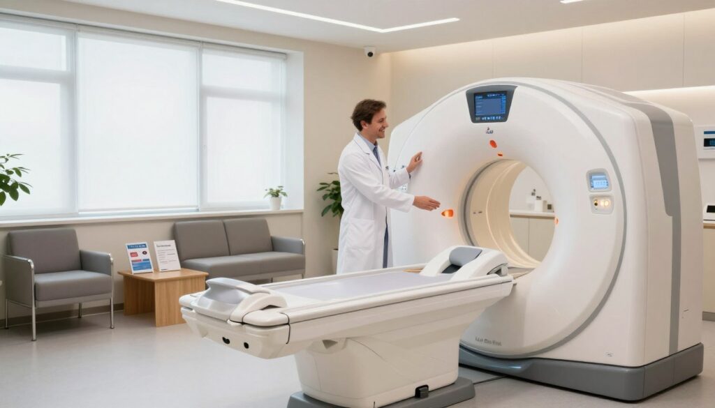 A modern medical imaging facility interior, showcasing a clean and well-lit room dedicated to magnetic resonance imaging (MRI) within the Lux Med Diagnostyka brand. The foreground features a state-of-the-art MRI machine, sleek and metallic, with detailed control panels illuminated softly. To the side, a medical professional in a white lab coat, smiling and gesturing towards the machine, embodies professionalism and warmth. The middle layer shows comfortable waiting area seating with health brochures neatly placed on a wooden table. The background includes large windows allowing natural light to filter in, with light walls creating a calming atmosphere. Soft, ambient lighting enhances the environment, and a hint of greenery from indoor plants adds a touch of warmth. The composition conveys trust, care, and advanced medical technology, ideal for an article on health services.