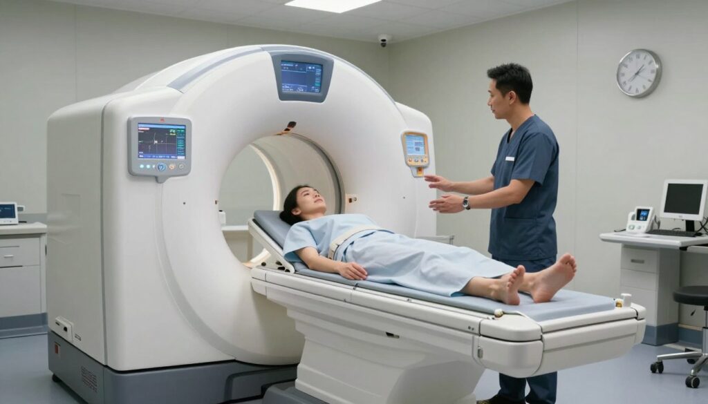 A modern medical imaging room featuring a high-tech CT scanner in the foreground, with a focus on the machine's sleek design and digital display. In the middle ground, a patient is comfortably lying on the scanner bed, dressed in a modest hospital gown, looking calm and relaxed as a technician in professional attire prepares for the scan. The technician is explaining the process, showcasing a supportive atmosphere. Soft, ambient lighting fills the room, emphasizing a clean and sterile environment, while the background shows minimal medical equipment and a wall clock to indicate the concept of time. The overall mood is serene and informative, reflecting the focus on efficiency and the scanning process.