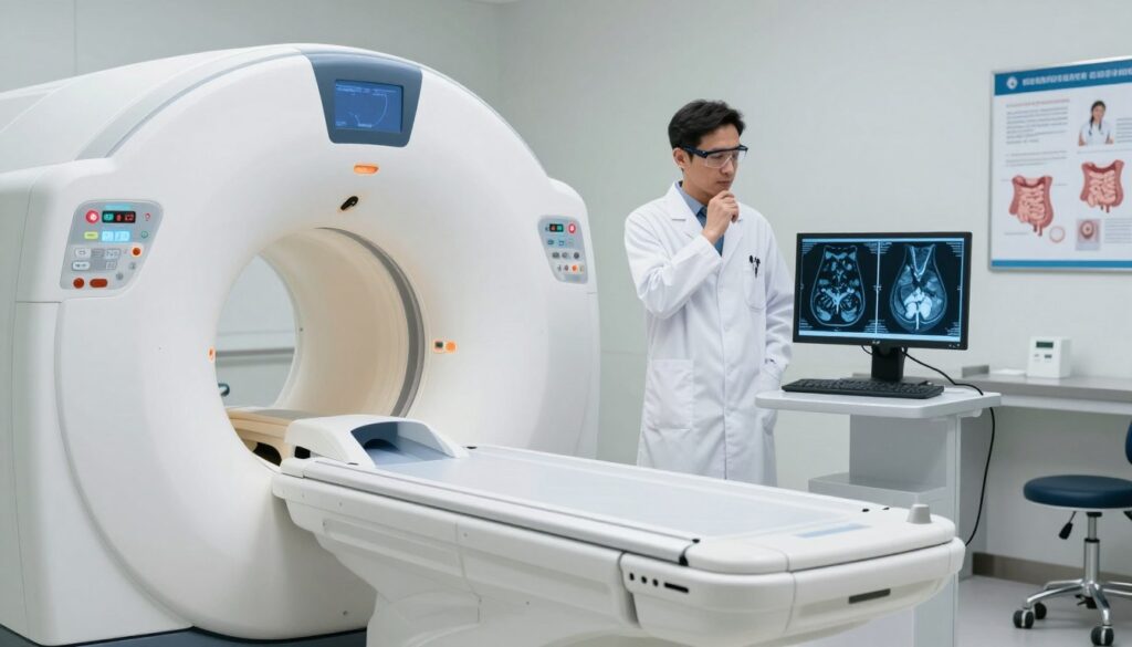 A modern medical imaging room featuring a high-tech MRI machine as the focal point in the foreground, poised against a clean, sterile backdrop. In the middle ground, a healthcare professional, wearing a white lab coat and safety goggles, examines MRI images of a human abdomen displayed on a computer screen, their expression focused and thoughtful. Soft, diffused lighting enhances the clinical atmosphere, creating a bright and inviting space that suggests advanced technology and professionalism. The background shows minimalistic medical equipment and informational posters related to gastrointestinal health, emphasizing the importance of MRI in detecting conditions like colorectal cancer. The overall mood is serious yet hopeful, reflecting the critical nature of early diagnosis and comprehensive care.