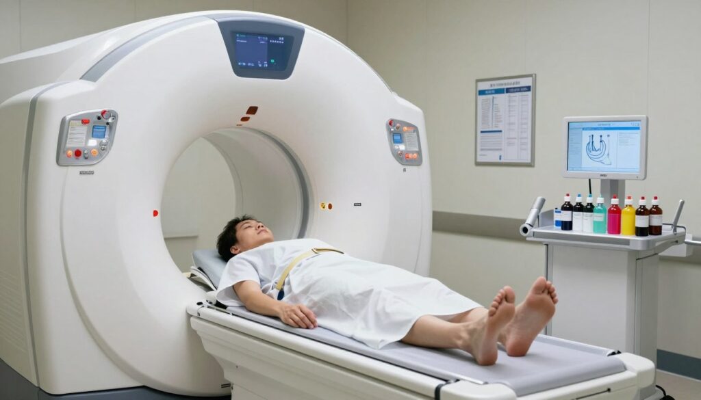 A modern medical imaging room featuring a high-tech MRI machine, focused on the machine as a patient lies supine, dressed in a hospital gown. The contrast agent bottles are visible on a nearby shelf, showcasing bright colors indicating different types. Placed in the background are medical charts and an information screen detailing the MRI process. Soft, diffused lighting illuminates the room, creating a calm and sterile atmosphere. The lens captures the scene at eye level, highlighting the advanced technology of the MRI equipment. The mood is professional and informative, aimed at conveying trust and clarity in medical care.