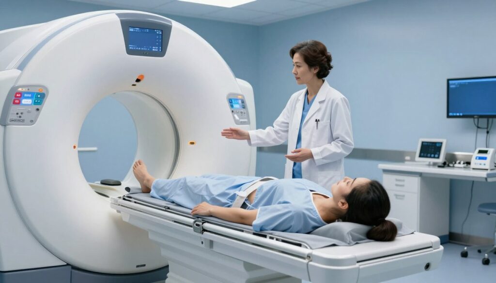 A modern medical imaging room featuring a state-of-the-art MRI machine prominently in the foreground, with a patient comfortably lying on the examination table, dressed in modest hospital attire. The middle ground shows a healthcare professional, a middle-aged woman in a lab coat, explaining the procedure and its benefits to the patient, conveying compassion and professionalism. In the background, soft ambient lighting illuminates the sterile environment, enhancing the atmosphere of safety and reassurance. The color palette is calm, with shades of blue and white, creating a sense of tranquility. The angle captures the scene from a slight elevation, allowing for a clear view of both the MRI machine and the interaction between the patient and the healthcare professional, emphasizing the importance of preventive healthcare through MRI scans.