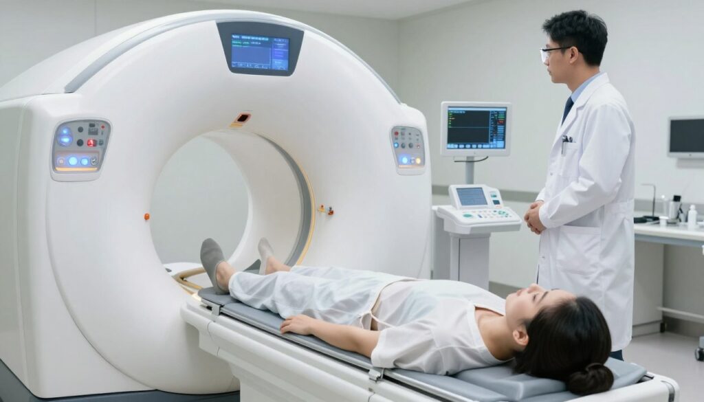 A modern medical imaging room showcasing a sophisticated computed tomography (CT) scanner in action. In the foreground, a patient lies on the examination table, wearing modest hospital attire, looking calm and reassured. The middle ground features the shiny, sleek CT machine, with glowing indicators and a digital interface displaying data. In the background, a medical professional is attentively monitoring the process, dressed in a professional lab coat and safety gear, emphasizing a focus on patient safety. The lighting is bright and clinical, with soft shades enhancing the sterile atmosphere, creating a mood of professionalism and trust. The angle is slightly tilted downward, highlighting the technology while keeping the human element central. No text or markings are present, ensuring a clean, educational image.