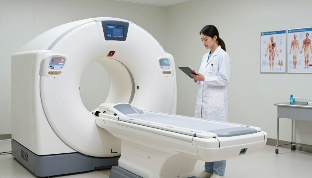 A modern medical imaging room showcasing a state-of-the-art computed tomography (CT) scanner. In the foreground, the CT machine is prominently displayed, with its circular gantry and advanced technology highlighted. In the middle ground, a healthcare professional in a white lab coat stands beside the CT machine, reviewing patient information on a tablet, exuding a focused, professional demeanor. Soft, clinical lighting illuminates the scene, creating a clean and sterile atmosphere. The background features medical charts and anatomical diagrams on the walls, providing context to the procedure. The overall mood is informative and calm, reflecting the importance of preparation for CT scans, ensuring clarity in understanding the process.