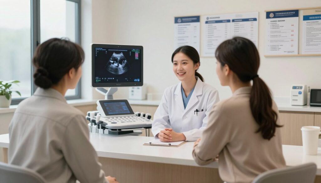 A modern medical office reception area focused on private abdominal ultrasound (USG), featuring a sleek, well-lit space with neutral tones. In the foreground, a friendly medical professional, dressed in professional attire, is speaking with a patient, who appears reassured and engaged. In the middle, an ultrasound machine is visible, showcasing its screen displaying a graphic of an abdominal sonogram. The background is filled with clean, organized medical charts and brochures detailing pricing and packages for private abdominal ultrasound services. Soft, natural lighting filters through large windows, creating a calm and professional atmosphere, emphasizing trust and quality in healthcare. A modern medical office reception area focused on private abdominal ultrasound (USG), featuring a sleek, well-lit space with neutral tones. In the foreground, a friendly medical professional, dressed in professional attire, is speaking with a patient, who appears reassured and engaged. In the middle, an ultrasound machine is visible, showcasing its screen displaying a graphic of an abdominal sonogram. The background is filled with clean, organized medical charts and brochures detailing pricing and packages for private abdominal ultrasound services. Soft, natural lighting filters through large windows, creating a calm and professional atmosphere, emphasizing trust and quality in healthcare.