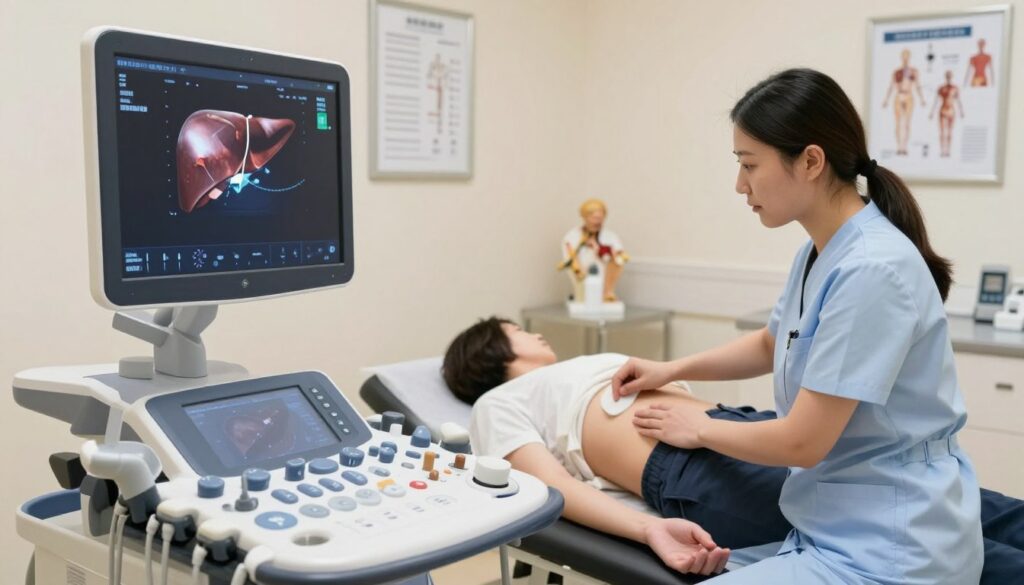 A modern medical ultrasound examination of a liver in a clinical setting. In the foreground, a sleek ultrasound machine displays vibrant, detailed live images of the liver on its screen. The middle ground features a healthcare professional, dressed in professional attire, gently applying gel on a patient's abdomen, demonstrating a typical examination position. Behind them, a softly lit, sterile examination room can be seen, equipped with medical charts and anatomical models. The atmosphere is calm and focused, conveying a sense of professionalism and care. Use soft, natural lighting to create a warm environment, and capture the scene from a slightly elevated angle to provide a clear view of both the ultrasound machine and the examination process.