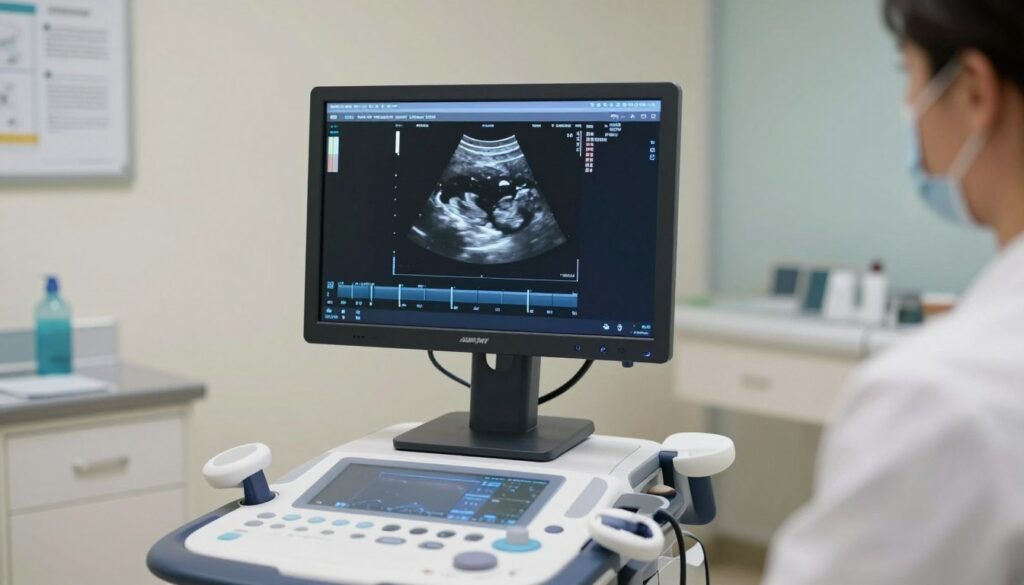 A modern medical workspace featuring a sleek, high-resolution monitor focused on displaying ultrasound images in a clinical setting. The monitor is positioned on a mobile cart, highlighting its ergonomic design and mobility. In the foreground, the monitor shows clear, detailed ultrasound images of a patient, emphasizing the comfort of the interface and ease of use for medical professionals. The background includes soft, diffused lighting to create a calm atmosphere, with sterile equipment and medical charts subtly visible. The angle of the view captures the monitor at eye level, illustrating its functionality and the practicality of its design in a busy medical environment. Overall, the image conveys a sense of efficiency and professionalism in healthcare technology.
