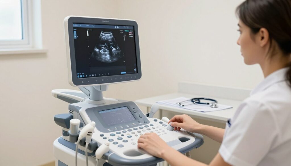 A modern stationary ultrasound machine in a bright, well-lit medical room. The device features a large screen displaying ultrasound images, with a sleek console and detachable transducer probes nearby. In the foreground, a female medical professional in professional attire is adjusting the machine, focusing on the screen with concentration. In the middle ground, medical charts and a stethoscope are visible on a nearby countertop, emphasizing the clinical environment. The background shows a small window with natural light streaming in, creating a warm and welcoming atmosphere. The overall mood conveys professionalism and advanced medical technology, with clean lines and a sterile setting, emphasizing the importance of stationary ultrasound devices in healthcare.