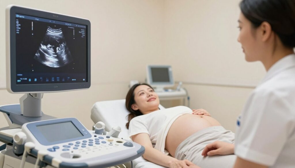A modern ultrasound examination room featuring a pregnant woman at 18 weeks gestation, lying comfortably on the examining table, with a focused technician conducting the ultrasound. The foreground shows a high-tech ultrasound machine displaying the fetus in the womb, highlighting the developmental details typical for this stage. In the middle ground, a caring medical professional, dressed in professional attire, is attentively monitoring the screen, showing a warm and reassuring expression. The background features soothing light colors, medical equipment, and soft lighting to create a calm atmosphere. Use a close-up angle to capture the emotion of the moment, while ensuring the environment feels safe and welcoming, evoking a sense of hope and anticipation for the new parents.