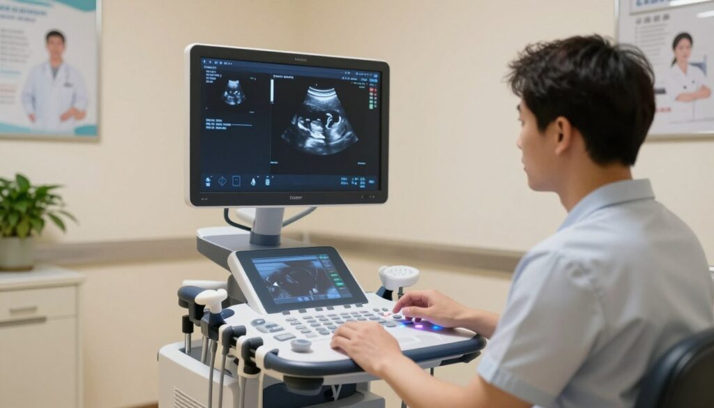 A modern ultrasound examination room, showcasing advanced 2D, 3D, and 4D ultrasound images displayed on a digital monitor. In the foreground, a professional technician in smart casual clothing is attentively analyzing the images, highlighting the differences between the various technologies. The middle ground features a high-resolution ultrasound machine with a sleek design, cables neatly organized, and a soft glow of LED lights illuminating the work area. The background includes a calming, softly lit environment with medical posters on the walls and a plant adding a touch of warmth. The overall atmosphere conveys professionalism and comfort, emphasizing the technological sophistication of modern ultrasound imaging. The image is captured with natural lighting, providing a clear and inviting view, focusing on the ultrasound images and the technician's concentration.