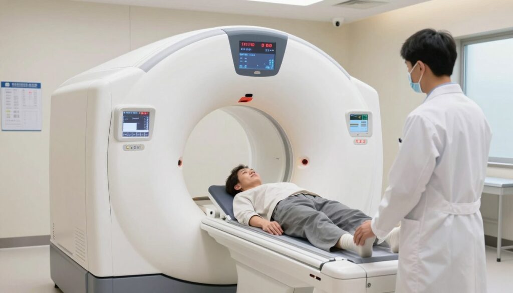 A modern, well-lit CT scan room featuring a state-of-the-art computed tomography machine at the center, showcasing its complex design with a large circular opening and control panel. In the foreground, a healthcare professional in a white lab coat, wearing a mask, guides a patient in casual but modest clothing, who looks calm and reassured. The middle ground highlights the CT machine's interface with bright, user-friendly displays and a digital timer indicating time reserved for the procedure. The background shows soft, ambient lighting, medical charts on the walls, and a faint window with natural light, creating a peaceful yet clinical atmosphere. The scene conveys trust and professionalism in a medical setting, reflecting the examination process. A modern, well-lit CT scan room featuring a state-of-the-art computed tomography machine at the center, showcasing its complex design with a large circular opening and control panel. In the foreground, a healthcare professional in a white lab coat, wearing a mask, guides a patient in casual but modest clothing, who looks calm and reassured. The middle ground highlights the CT machine's interface with bright, user-friendly displays and a digital timer indicating time reserved for the procedure. The background shows soft, ambient lighting, medical charts on the walls, and a faint window with natural light, creating a peaceful yet clinical atmosphere. The scene conveys trust and professionalism in a medical setting, reflecting the examination process.