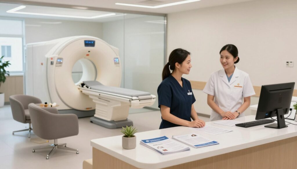 A modern, well-lit private healthcare clinic interior, focusing on a comfortable waiting area designed for patients considering MRI scans. In the foreground, an inviting reception desk with friendly staff members in professional attire, ready to assist patients. In the middle, there are comfortable chairs and informational brochures about MRI procedures laid out, illustrating patient-friendly services. The background features a sleek MRI machine partially visible through a glass wall, symbolizing advanced medical technology. Soft, natural lighting floods the space, creating a calm and reassuring atmosphere. The overall mood conveys professionalism and accessibility, highlighting the idea of undergoing an MRI scan privately without referral, fostering a sense of trust and comfort for prospective patients.