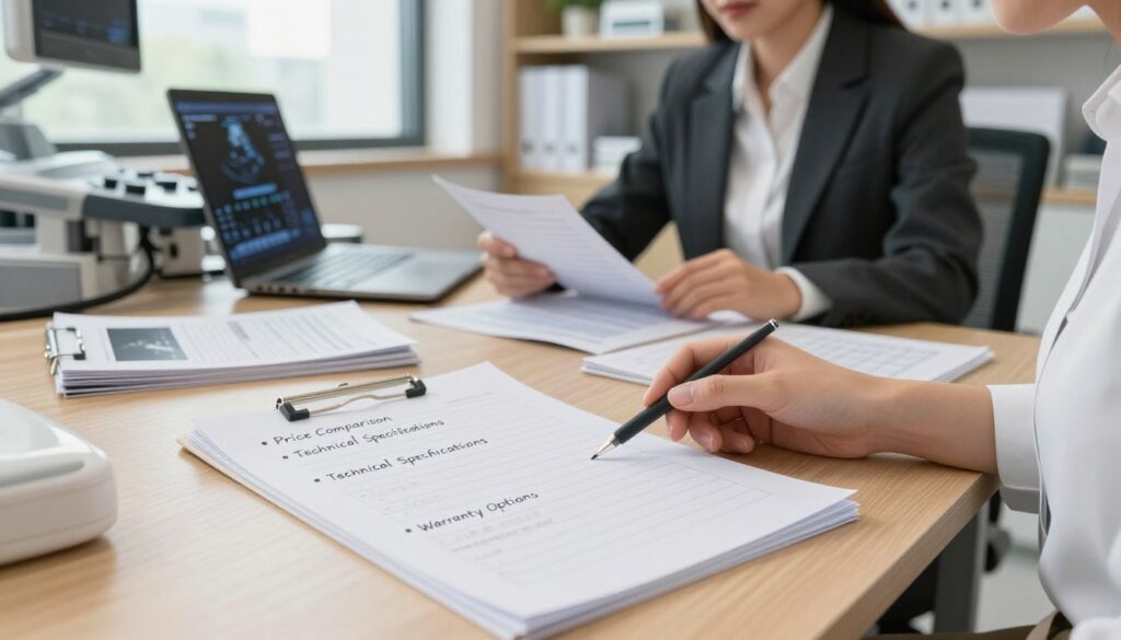 A neatly arranged checklist for purchasing ultrasound machines, depicted on a wooden desk in a well-lit office environment. The foreground features a close-up of the checklist with bullet points such as "Price Comparison," "Technical Specifications," and "Warranty Options," written in clear handwriting. In the middle ground, a professional-looking individual in business attire is analyzing the checklist, surrounded by brochures and a laptop showing ultrasound machine models. The background reveals shelves stocked with medical equipment and a large window letting in natural light, creating a bright and focused atmosphere. The overall mood is diligent and organized, emphasizing a sense of thoroughness in the buying process.