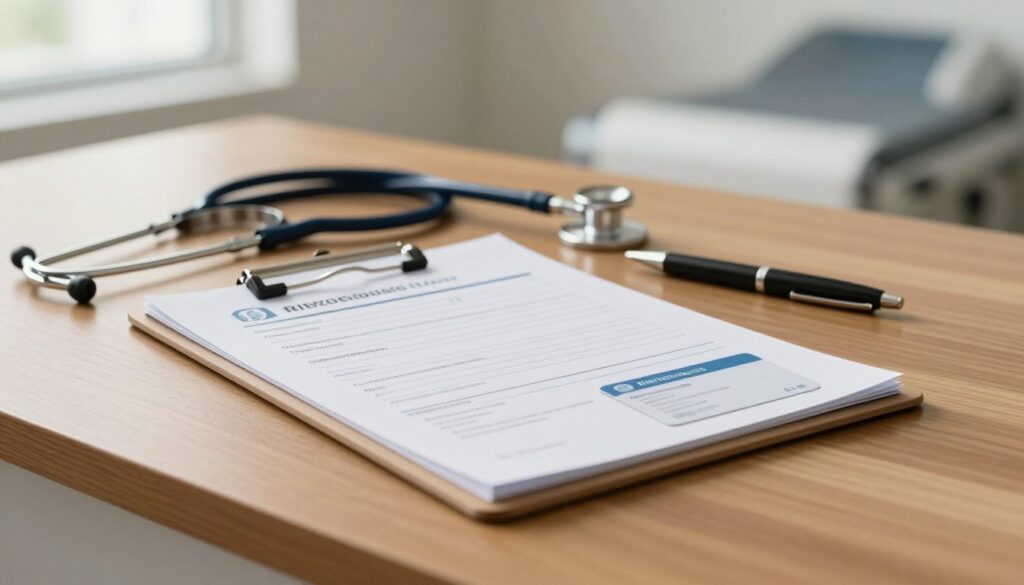 A neatly arranged collection of essential medical documents for an MRI appointment, placed on a polished wooden desk. In the foreground, a clipboard with neatly clipped forms, a referral letter on top, and an insurance card, all clearly visible. In the middle ground, a stethoscope and a pen next to the documents, adding a clinical touch. The background features a softly blurred image of a medical office, with a serene ambiance created by warm, natural lighting streaming through a window. The atmosphere is calm and professional, evoking the importance of preparation for medical imaging. The focus is sharp on the documents, while the background gently fades, highlighting the organized presentation of health-related materials.