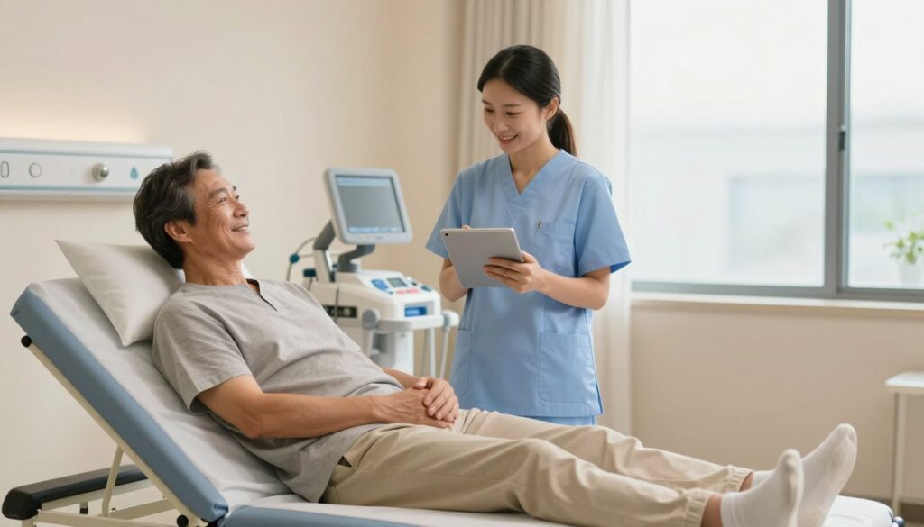 A patient in a medical examination room, sitting on an examination bed with a relaxed demeanor after undergoing a contrast MRI scan. The foreground features the patient, a middle-aged individual in comfortable, modest clothing, with a slight smile, looking relieved and hydrated. In the middle ground, a nurse is present, checking a digital tablet with a caring expression, indicating attentive aftercare. The background shows medical equipment and a calming, well-lit environment with soft, diffused lighting. A large window allows natural light to filter in, creating a warm atmosphere. The scene should convey a sense of safety and professionalism, emphasizing the importance of post-procedure observation and care. A patient in a medical examination room, sitting on an examination bed with a relaxed demeanor after undergoing a contrast MRI scan. The foreground features the patient, a middle-aged individual in comfortable, modest clothing, with a slight smile, looking relieved and hydrated. In the middle ground, a nurse is present, checking a digital tablet with a caring expression, indicating attentive aftercare. The background shows medical equipment and a calming, well-lit environment with soft, diffused lighting. A large window allows natural light to filter in, creating a warm atmosphere. The scene should convey a sense of safety and professionalism, emphasizing the importance of post-procedure observation and care.