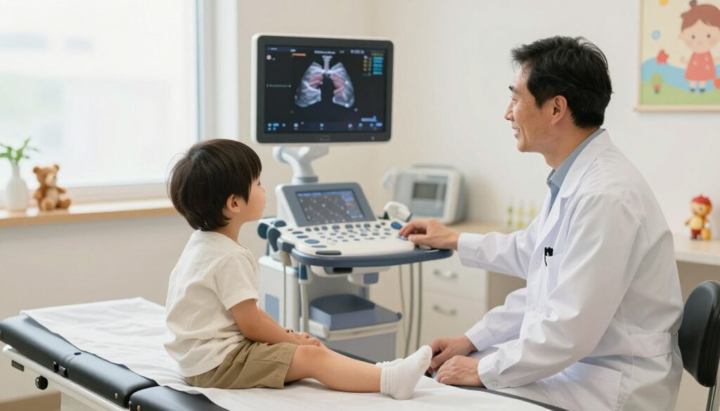 A pediatric ultrasound examination room with a focus on a young child sitting calmly on an examination table. In the foreground, the child, wearing comfortable, modest clothing, is interacting with a friendly pediatrician in a white coat, demonstrating a reassuring and professional demeanor. The middle of the scene includes the ultrasound machine, with its screen displaying abstract images of lungs, suggesting the ongoing examination. In the background, soft natural light filters through a window, creating a warm and nurturing atmosphere. The room is equipped with child-friendly decor, such as colorful posters and toys, to enhance comfort. The overall mood is calm, reassuring, and informative, capturing the essence of a pediatric ultrasound process.