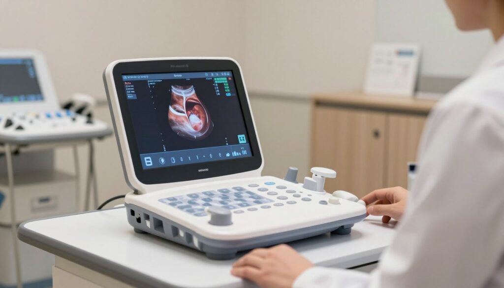 A portable ultrasound device in focus, showcasing its sleek design with a digital screen displaying clear imaging of a human organ. The device is placed on a clean examination table in a modern medical office. In the background, various medical tools and equipment are subtly visible, emphasizing a professional healthcare setting. Soft ambient lighting highlights the device, creating a clear contrast against the neutral-toned walls. The angle captures both the ultrasound device prominently from a slight low view, giving it stature, and an unobtrusive glimpse of a healthcare professional in a white lab coat, attentively examining the device. The atmosphere is clinical yet welcoming, representing the functionality and accessibility of portable ultrasound technology in contrast to stationary and pocket models.
