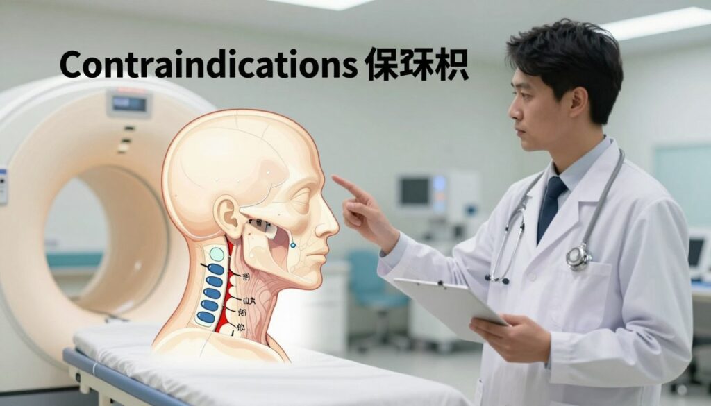 A professional and informative medical illustration focusing on the concept of contraindications for MRI scans, specifically addressing cervical and cranial regions. In the foreground, depict a stylized anatomical diagram showing a human head and neck with subtle highlight markers indicating areas affected by contraindications, such as implants, pacemakers, or other medical devices. In the middle ground, include a silhouette of a medical professional in a lab coat, pointing thoughtfully at the diagram. The background should feature a soft-focus hospital setting, with muted colors to create a calm and clinical atmosphere. Use natural lighting to enhance clarity and ensure a realistic portrayal. The overall mood should be serious and educational, suitable for a medical audience.