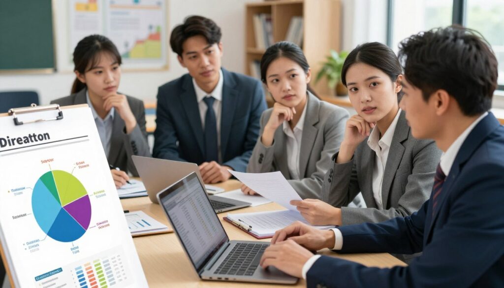 A professional and informative scene depicting various factors influencing a school director's salary. In the foreground, a detailed chart or graph illustrates key elements such as experience, education level, and additional responsibilities, rendered in vibrant colors. The middle ground features a diverse group of professionals in business attire engaged in a discussion, surrounded by papers and a laptop with data. They exhibit expressions of contemplation and collaboration. In the background, a blurred classroom setting emphasizes an academic atmosphere, with bookshelves and educational tools. The lighting is bright and natural, creating an optimistic mood. The image captures the essence of financial dynamics in education, emphasizing professionalism and analytical thinking. A professional and informative scene depicting various factors influencing a school director's salary. In the foreground, a detailed chart or graph illustrates key elements such as experience, education level, and additional responsibilities, rendered in vibrant colors. The middle ground features a diverse group of professionals in business attire engaged in a discussion, surrounded by papers and a laptop with data. They exhibit expressions of contemplation and collaboration. In the background, a blurred classroom setting emphasizes an academic atmosphere, with bookshelves and educational tools. The lighting is bright and natural, creating an optimistic mood. The image captures the essence of financial dynamics in education, emphasizing professionalism and analytical thinking.