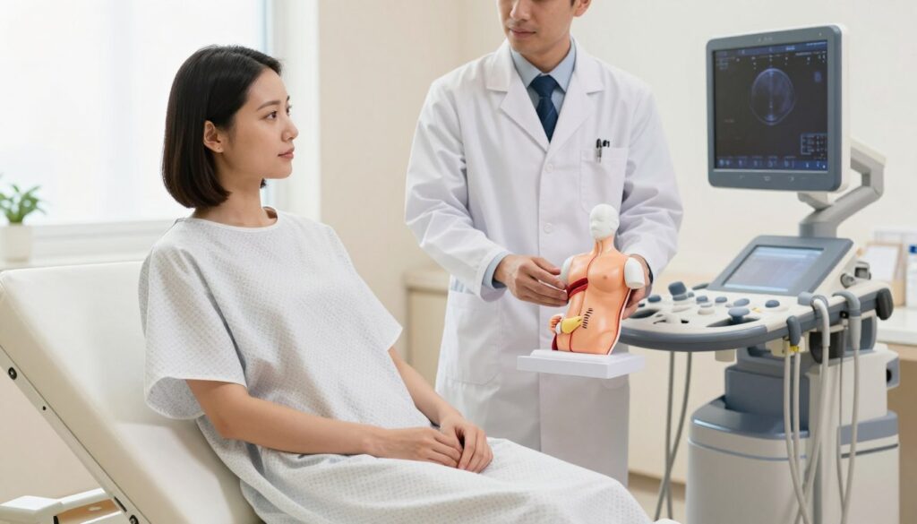 A professional clinic setting focused on preparing a patient for an abdominal ultrasound. In the foreground, a patient, dressed in a simple hospital gown, sits on an examination table with a calm expression, showing a sense of reassurance. The middle ground features a healthcare professional in business attire, explaining the procedure using a model of the human abdomen. The background contains medical equipment and an ultrasound machine, softly illuminated by natural light coming from a window, creating a bright and sterile ambiance. The composition is captured with a warm tone, conveying a sense of professionalism and care, emphasizing the importance of proper preparation for the ultrasound to enhance the chance of detecting any issues.