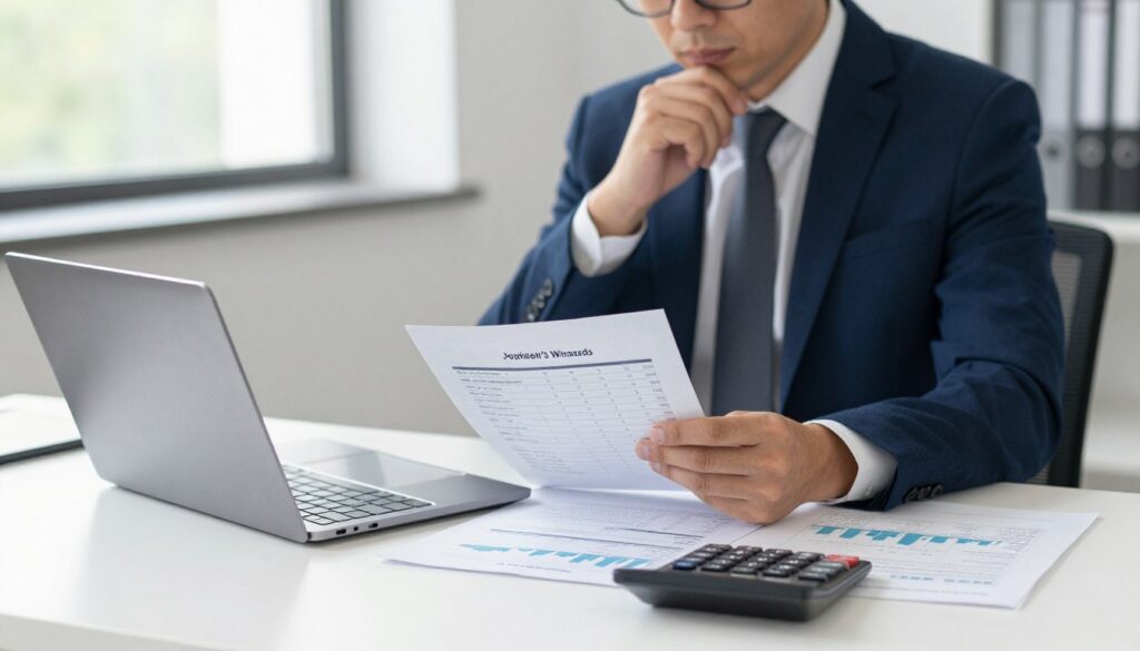A professional depicted in a business environment, analyzing financial data related to the earnings of Jehovah's Witnesses in Poland. In the foreground, a clean desk featuring a laptop, financial documents, and a calculator. The middle ground showcases a person in smart business attire, focused on their work, with a thoughtful expression. The background features a modern office setting with large windows allowing natural light to illuminate the space, creating a bright and professional atmosphere. Soft shadows cast by the furniture add depth to the scene. The overall mood is analytical and reflective, emphasizing the investigation of income metrics in the context of the labor market in Poland.
