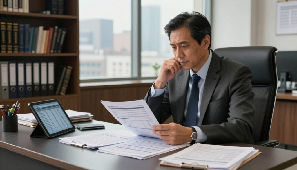 A professional detective sitting at a sleek, modern desk filled with paperwork, financial reports, and a digital tablet displaying statistics related to salaries. The foreground features the detective, a mid-thirties individual in a smart business suit, intently studying the reports with a contemplative expression. In the middle ground, a large window reveals a cityscape bathed in soft natural light, hinting at a busy urban environment. The background includes a bookshelf filled with detective novels and case files, adding depth to the scene. The mood is serious yet focused, conveying the intricate world of detective salaries. The image is well-lit, showcasing a blend of warm tones to create a professional atmosphere, captured from a slight angle for a dynamic perspective.