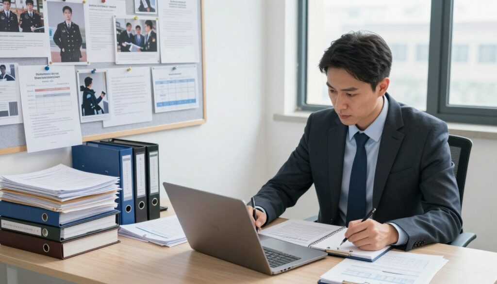 A professional detective's workspace filled with organized files and documents on a desk, highlighting various case assignments and financial estimates. In the foreground, a focused detective, dressed in a smart business suit, is reviewing a case on a laptop, taking notes on a notepad. The middle ground features a wall-mounted board with pinned photographs and notes about ongoing investigations, showcasing a mix of established detective work and analysis. In the background, a large window lets in natural light, creating a bright and professional atmosphere. The overall mood is serious and industrious, capturing the essence of the detective's profession, emphasizing thoroughness and attention to detail. The angle is slightly overhead, providing a comprehensive view of the environment.