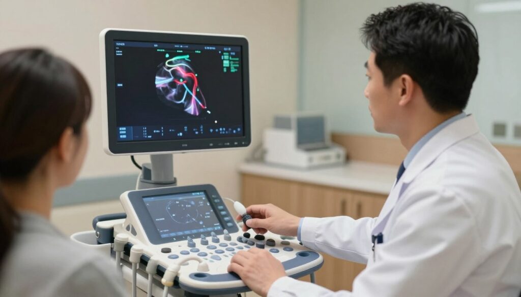 A professional health setting featuring a certified doctor discussing the importance of arterial health screening. In the foreground, a doctor in business attire, engaged in demonstrating an ultrasound machine (USG Doppler) to a patient seated on an examination table. The middle ground displays a clear, detailed view of the ultrasound screen showing colorful blood flow patterns of the carotid arteries. The background is softly blurred, showcasing medical equipment and a reassuring environment with muted colors. Use natural lighting to create a calm, professional atmosphere. The image should convey a sense of trust and competence, capturing the critical nature of proactive health monitoring without any distractions or text.