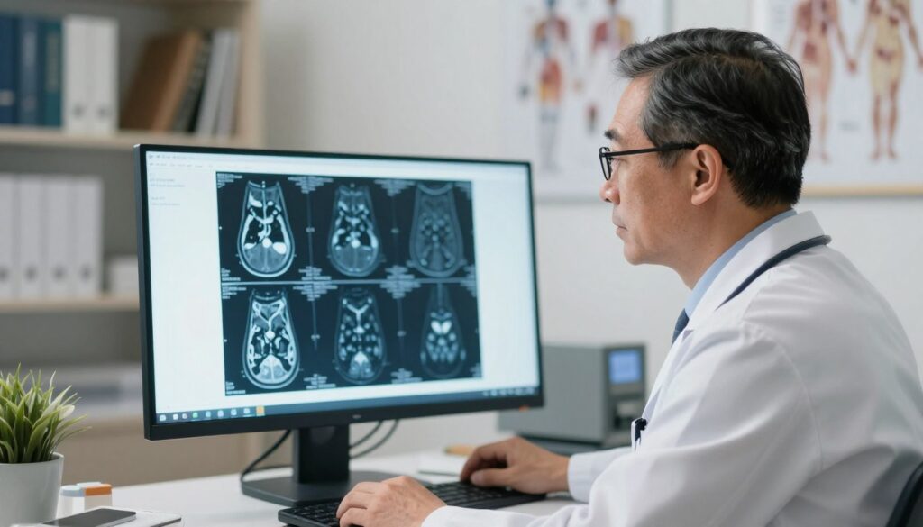 A professional healthcare setting featuring a focused doctor examining MRI results on a bright monitor. In the foreground, a middle-aged male doctor dressed in a smart white coat, glasses perched on his nose, looks contemplatively at the images. In the middle, a large digital display shows detailed MRI scan images, with anatomical structures visible and highlighted. In the background, a softly lit and organized medical office with medical books and anatomical charts on the walls, conveying a sense of professionalism and expertise. Use soft, diffused lighting to create a calm, serious atmosphere, capturing the importance of the doctor-patient relationship in interpreting medical results. Focus on realism and clarity of the doctor’s expression, emphasizing concentration and care.