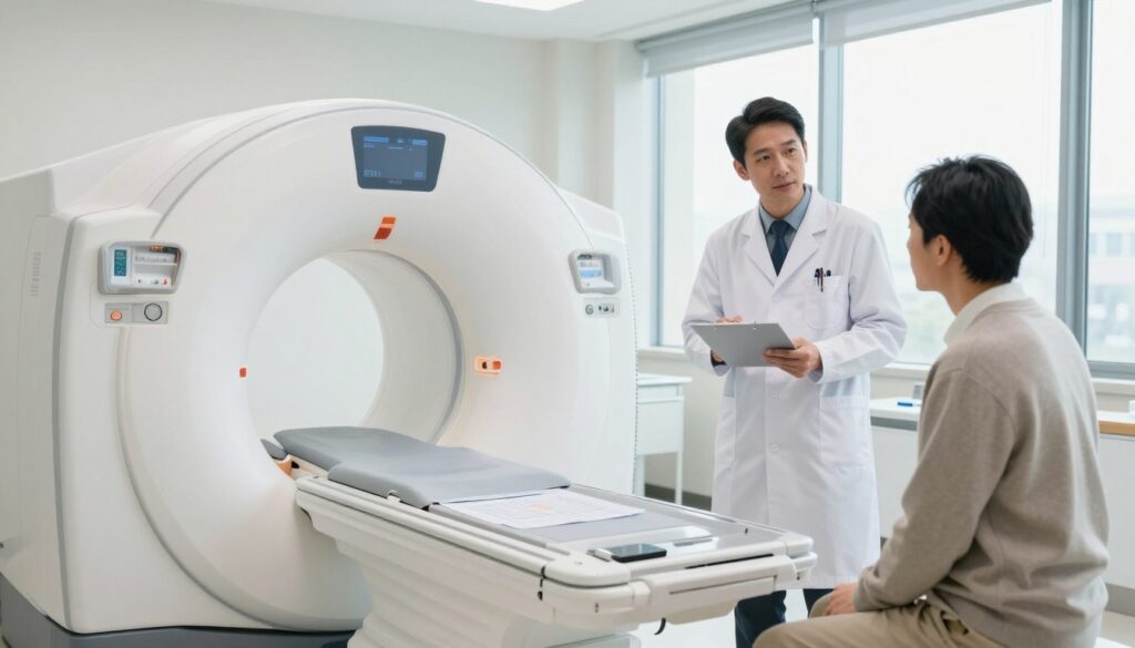 A professional healthcare setting featuring a modern MRI machine in a well-lit examination room. In the foreground, a doctor, dressed in a white lab coat and smart attire, is discussing with a patient, who appears attentive and interested. The middle space showcases the advanced MRI equipment, with clear visuals of the machinery, cables, and medical charts on a nearby desk. In the background, large windows allow natural light to flood the room, contributing to a calm and reassuring atmosphere. The lighting is bright yet soft, emphasizing a sense of professionalism and trust. The overall mood conveys a blend of medical importance and personal care, illustrating the significance of MRI results and healthcare processes.