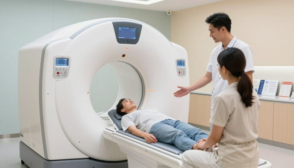 A professional healthcare setting showcasing a modern MRI machine in a well-lit examination room. In the foreground, a friendly radiology technician in professional attire is explaining the MRI process to a patient, who appears attentive and reassured. In the middle ground, the sleek MRI machine stands prominently, highlighting its advanced technology. The room features medical equipment and informational brochures neatly arranged on a countertop, providing a clinical atmosphere. In the background, soothing pastel colors enhance the mood, while soft, diffused lighting creates a calming environment. The angle emphasizes the interaction between the technician and the patient, capturing a sense of trust and professionalism essential in the medical field.