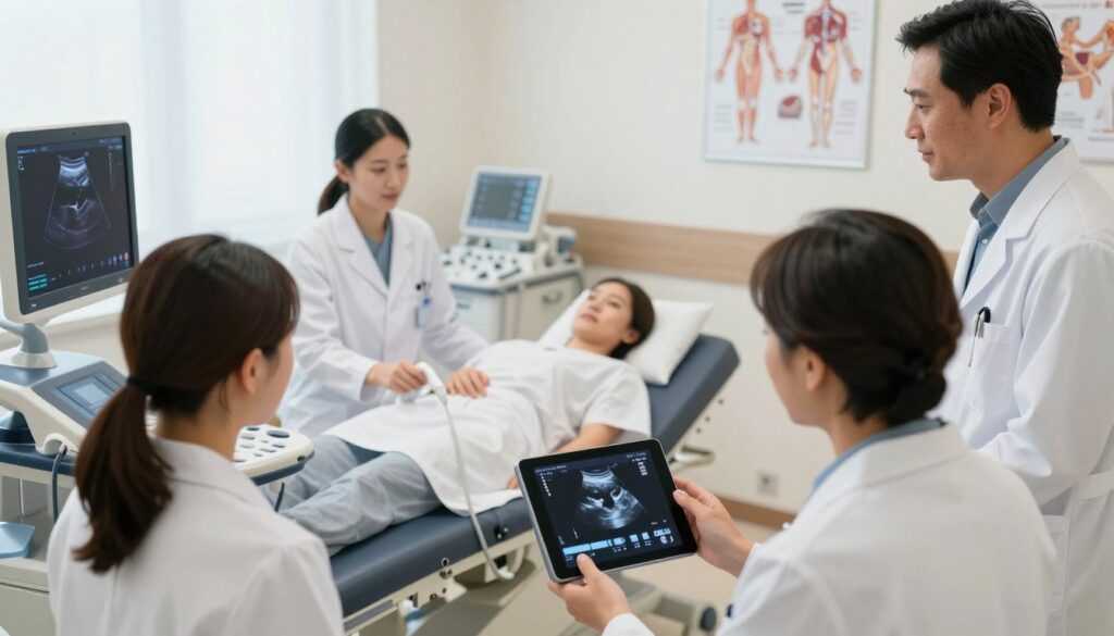 A professional medical environment depicting a patient consultation for a Doppler ultrasound exam focused on cervical and vertebral arteries. In the foreground, a diverse group of healthcare professionals in white lab coats, reviewing ultrasound images on a digital tablet, with focused expressions. The middle ground features a patient reclined on an examination table, wearing a hospital gown, with a medical technician operating the ultrasound machine, highlighting the Doppler probe. In the background, a well-lit, modern clinic room with medical equipment and anatomical diagrams of the cervical arteries on the walls. Soft, natural lighting enhances a calm and professional atmosphere, conveying trust and competence in patient care. The angle is slightly overhead, capturing the dynamics of the consultation without distractions.