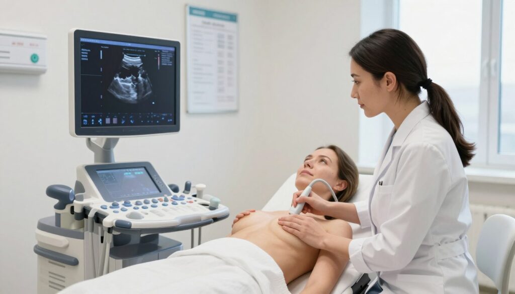 A professional medical environment featuring a breast ultrasound (USG piersi) setup. In the foreground, a modern ultrasound machine with a clear screen displaying a diagnostic image of breast tissue. A healthcare professional, dressed in a white lab coat and modest attire, is attentively guiding the ultrasound probe over a patient’s breast, who is dressed in a simple hospital gown. The middle ground includes a clean examination room with soft lighting that creates a calm atmosphere. The background reveals medical charts and a window with natural light streaming in, enhancing the professional setting. Overall, the scene conveys a sense of trust and care, perfect for an informative article on the cost of private breast ultrasound services in Poland. A professional medical environment featuring a breast ultrasound (USG piersi) setup. In the foreground, a modern ultrasound machine with a clear screen displaying a diagnostic image of breast tissue. A healthcare professional, dressed in a white lab coat and modest attire, is attentively guiding the ultrasound probe over a patient’s breast, who is dressed in a simple hospital gown. The middle ground includes a clean examination room with soft lighting that creates a calm atmosphere. The background reveals medical charts and a window with natural light streaming in, enhancing the professional setting. Overall, the scene conveys a sense of trust and care, perfect for an informative article on the cost of private breast ultrasound services in Poland.