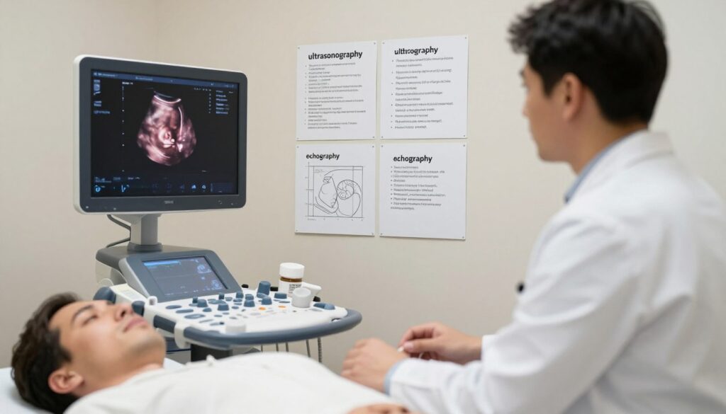 A professional medical setting depicting a person, dressed in a white lab coat, conducting an ultrasound on a patient lying on an examination table. In the foreground, a modern ultrasound machine with its screen displaying a clear image of a fetus. Nearby, medical charts and diagrams showcasing key terms in both Polish and English, like "ultrasonography" and "echography," creatively arranged. The background features neutral-colored walls and soft, diffused lighting to create a calm atmosphere. The scene captures a moment of interaction, emphasizing the importance of translations in medical documentation, while preserving a professional and educational tone. The composition is clean and well-organized, focusing on the medical theme without any distractions.