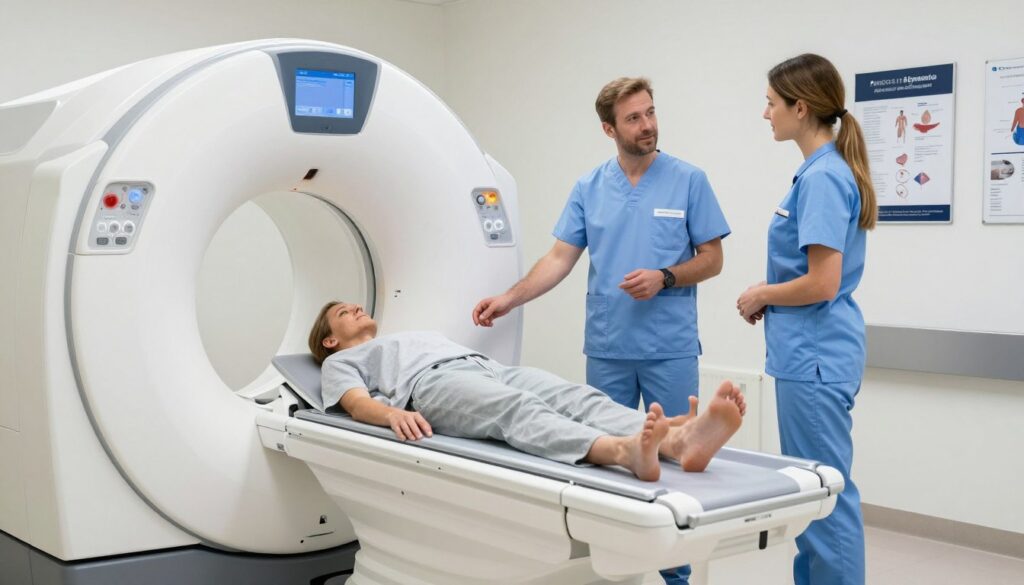 A professional medical setting depicting a private MRI room in Poland. In the foreground, a modern MRI machine gleams under bright, sterile lighting, showcasing its sleek design and digital interface. The middle ground features a medical technician, dressed in professional attire, carefully explaining the MRI process to a patient, who appears calm and receptive. Soft colors with a focus on whites and blues create a serene atmosphere. In the background, minimalistic medical charts and health-related posters hang on the walls, emphasizing professionalism. The scene is well-lit, highlighting the advanced technology while maintaining a reassuring, patient-friendly ambiance. The angle captures both the MRI machine and the human interaction, illustrating the essence of private MRI costs in Poland.