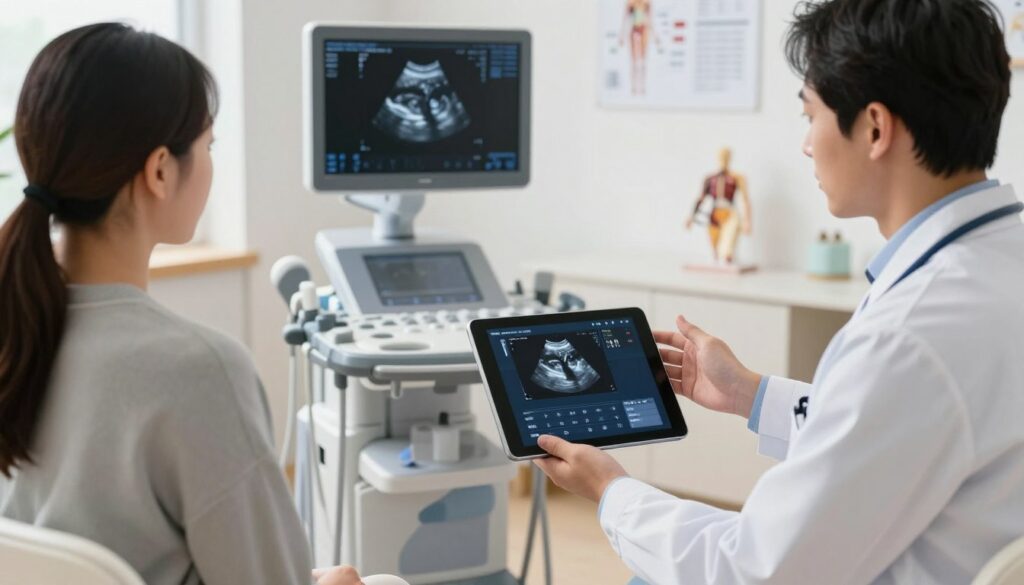 A professional medical setting featuring a consultation room where a healthcare practitioner is explaining abdominal ultrasound prices to a patient. In the foreground, a doctor in a smart business attire gestures towards a digital tablet displaying an ultrasonic image and pricing information, while the patient, dressed in modest casual clothing, listens attentively. The middle ground includes a modern ultrasound machine, sleek and well-lit, with a backdrop of medical charts and anatomical models. The lighting is bright yet soft, creating a welcoming atmosphere, with natural sunlight streaming through a window to evoke a sense of trust and professionalism. The camera angle is slightly elevated to give a comprehensive view of the interaction, focusing on the exchange of information about the abdominal ultrasound procedure and costs. A professional medical setting featuring a consultation room where a healthcare practitioner is explaining abdominal ultrasound prices to a patient. In the foreground, a doctor in a smart business attire gestures towards a digital tablet displaying an ultrasonic image and pricing information, while the patient, dressed in modest casual clothing, listens attentively. The middle ground includes a modern ultrasound machine, sleek and well-lit, with a backdrop of medical charts and anatomical models. The lighting is bright yet soft, creating a welcoming atmosphere, with natural sunlight streaming through a window to evoke a sense of trust and professionalism. The camera angle is slightly elevated to give a comprehensive view of the interaction, focusing on the exchange of information about the abdominal ultrasound procedure and costs.