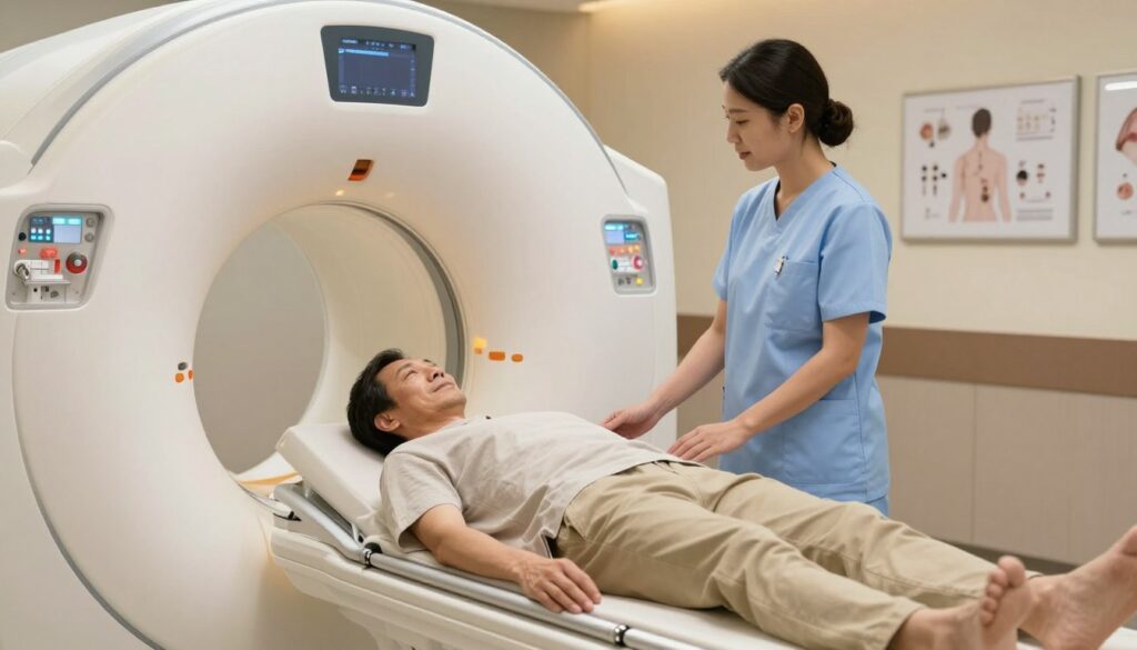 A professional medical setting featuring a patient preparing for an MRI scan. In the foreground, a calm, middle-aged individual dressed in modest, casual clothing is lying on an MRI bed, looking relaxed while a nurse stands beside them, explaining the procedure with reassurance. The middle layer shows a state-of-the-art MRI machine with its large cylindrical opening, showcasing various medical tools neatly arranged nearby. In the background, there are soft, neutral-colored walls with framed medical diagrams, and a faint glow from overhead lighting enhancing the clinical atmosphere. Soft shadows created by the lighting give a warm and inviting feel, making the scene appear confident and professional. An angle from slightly above captures the details of the nurse's engaging expression as they ensure the patient is at ease.