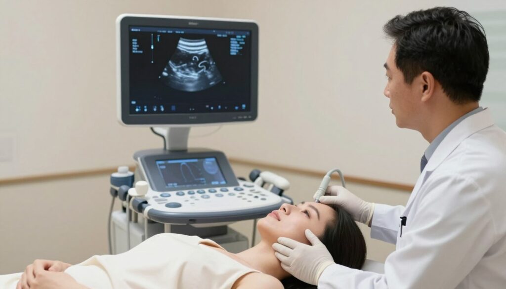 A professional medical setting featuring a thyroid ultrasound examination in progress. In the foreground, a patient lies comfortably on an exam table, draped in a modest gown, with a focused medical professional, wearing a lab coat and gloves, using an ultrasound machine on their neck. In the middle ground, the ultrasound monitor displays the thyroid images, showcasing intricate details of the gland. The background includes medical equipment and a reassuring, well-lit environment, enhancing the atmosphere of professionalism and care. Soft, diffused lighting creates a calm ambiance, and the angle captures both the medical staff and the monitor, emphasizing the connection between the procedure and results. The image should convey trust and clarity.