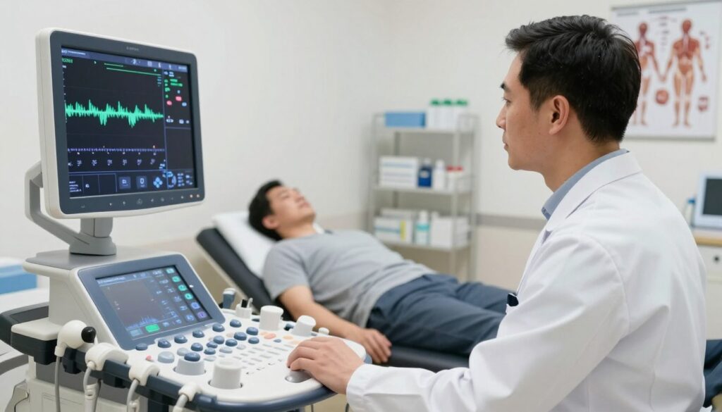 A professional medical setting showcasing a Doppler ultrasound machine focused on the carotid arteries. In the foreground, the ultrasound device displays a colorful, dynamic waveform representation of blood flow. A healthcare professional in a lab coat stands attentively by the machine, analyzing the screen’s results. The middle ground features a patient lying comfortably on an examination table, dressed in modest casual clothing, while the room is brightly lit with soft, clinical lighting that creates a calm atmosphere. In the background, shelves with medical supplies and anatomical charts decorate the walls, contributing to the environment’s professionalism and seriousness. The overall mood should be informative and reassuring, ideal for a medical article.