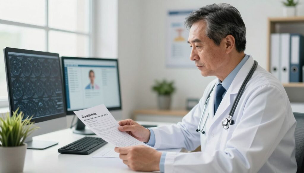A professional medical setting showcasing a family doctor in smart business attire, examining a referral document for an MRI scan. In the foreground, the doctor, a middle-aged Caucasian male, is seated at a desk, reviewing paperwork with a focused expression. The middle ground features a well-organized office with medical charts, a computer displaying patient information, and a small potted plant for a touch of warmth. In the background, a bright window allows soft natural light to illuminate the room, enhancing the atmosphere of professionalism and care. The overall mood is serious yet reassuring, emphasizing the importance of the referral's validity and real-time registration process in patient care. The image should have a soft depth of field to draw attention to the doctor and the documents, creating an engaging yet informative visual.
