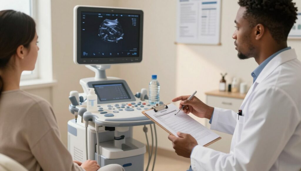A professional medical setting showcasing the preparation for an abdominal ultrasound examination. In the foreground, a respectful, diverse healthcare professional in business attire is explaining instructions to a calm patient dressed in comfortable, modest clothing. The healthcare professional holds a clipboard with guidelines for diet and hydration. In the middle ground, an ultrasound machine is prominently displayed, with a clear gel bottle and a water bottle nearby, symbolizing hydration preparation. In the background, a softly lit, sterile examination room is visible, with neutral-colored walls and medical charts hanging. Natural sunlight filters through a window, creating a warm and reassuring atmosphere, emphasizing the importance of proper preparation for a successful ultrasound.