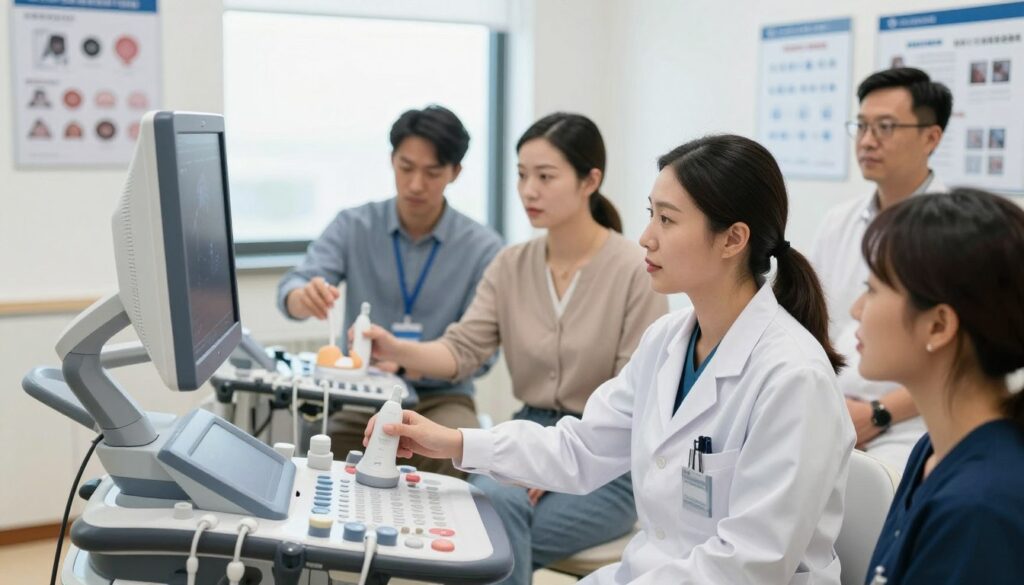 A professional medical training course on ultrasound imaging, featuring a diverse group of healthcare professionals attentively engaged around a high-tech ultrasound machine. In the foreground, a focused female physician in professional attire is demonstrating the ultrasound device to a small group of attentive participants. The middle ground shows two male and female attendees, also dressed in business casual attire, actively practicing using a model of the ultrasound probe. The background is a modern training room with bright, natural lighting, equipped with medical charts and educational materials displayed on walls. The atmosphere is one of collaboration and learning, conveying a sense of professional development and investment in healthcare skills. The perspective is slightly angled to create depth, emphasizing both the practitioners and the advanced technology.