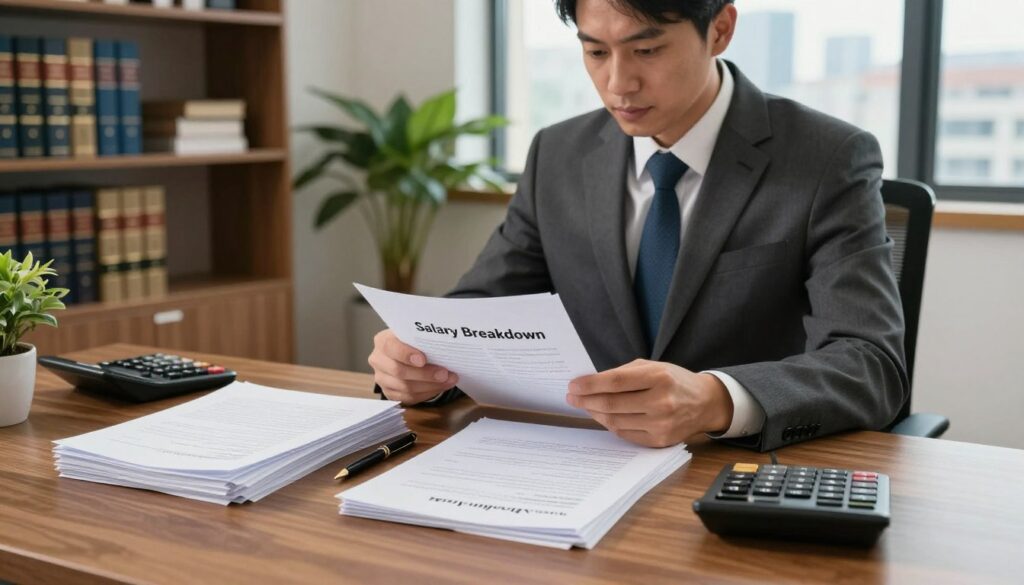 A professional office environment showcasing the components of a prosecutor's salary. In the foreground, a wooden desk displays a neatly stacked pile of documents labeled “Salary Breakdown”, a calculator, and a pen. In the middle of the image, a well-dressed male prosecutor, wearing a tailored suit, examines the documents with a focused expression. The background features a modern office setting with shelves of legal books, a potted plant, and a window showing a cityscape bathed in soft, natural sunlight. The lighting is warm and inviting, creating a serious yet approachable atmosphere, emphasizing professionalism and detail. The angle of the shot is slightly above eye level, giving a comprehensive view of the scene.