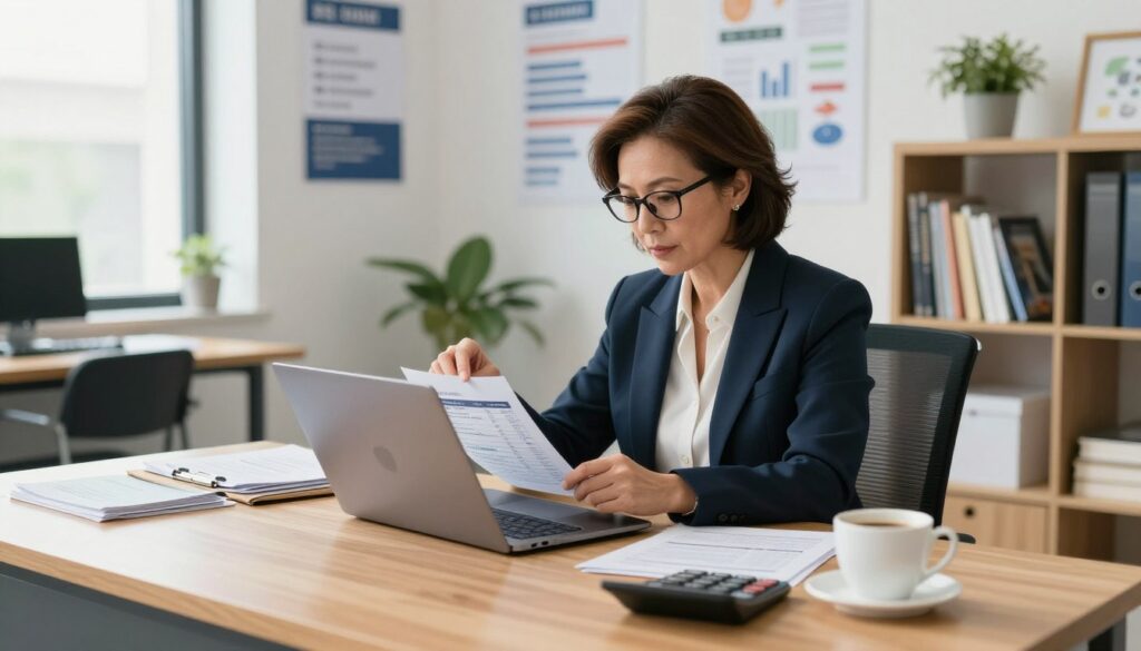 A professional office scene depicting a school principal's salary structure. In the foreground, an elegant wooden desk cluttered with financial documents, a calculator, and a cup of coffee. In the middle, a well-dressed principal, a middle-aged woman with glasses, analyzing salary charts on her laptop, dressed in a smart blazer and blouse. The background showcases a bright, modern office with motivational posters on the walls and a bookshelf filled with educational resources. Soft, natural lighting filters in from a large window, creating an inviting atmosphere. The camera angle is slightly above eye level, providing a clear view of the desk and the principal's focused expression, conveying professionalism and diligence in her role.