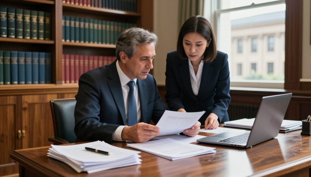 A professional office setting depicting a parliamentary office environment. In the foreground, there is a polished wooden desk with a neatly organized stack of papers, a pen, and a laptop open to a financial spreadsheet. In the middle ground, a well-dressed male parliamentarian in a tailored suit is engaged in a serious discussion with a female assistant in professional attire, reviewing documents together. The background features shelves filled with books on governance and law, a window showing a view of a legislative building, with natural sunlight pouring in, creating a warm atmosphere. The overall mood is focused and professional, conveying the seriousness of parliamentary responsibilities and financial matters.