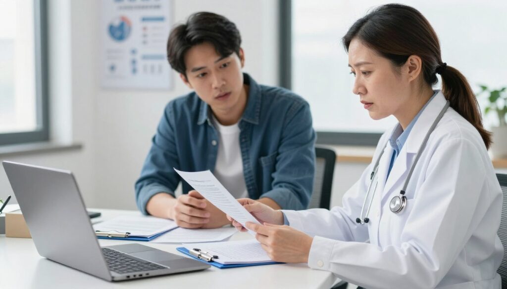 A professional office setting featuring a doctor and a patient discussing a medical referral. In the foreground, the doctor, a middle-aged woman wearing a white lab coat, is reviewing a medical document with a concerned expression. The patient, a young man in smart casual clothing, looks attentive, leaning slightly forward. In the middle ground, a table is cluttered with medical files and a laptop, enhancing the aspect of thoroughness and care. The background shows a well-organized office with medical charts on the walls and a window allowing natural light to flood the scene, creating an informative and professional atmosphere. The overall mood is serious yet supportive, emphasizing the importance of proper documentation in healthcare.