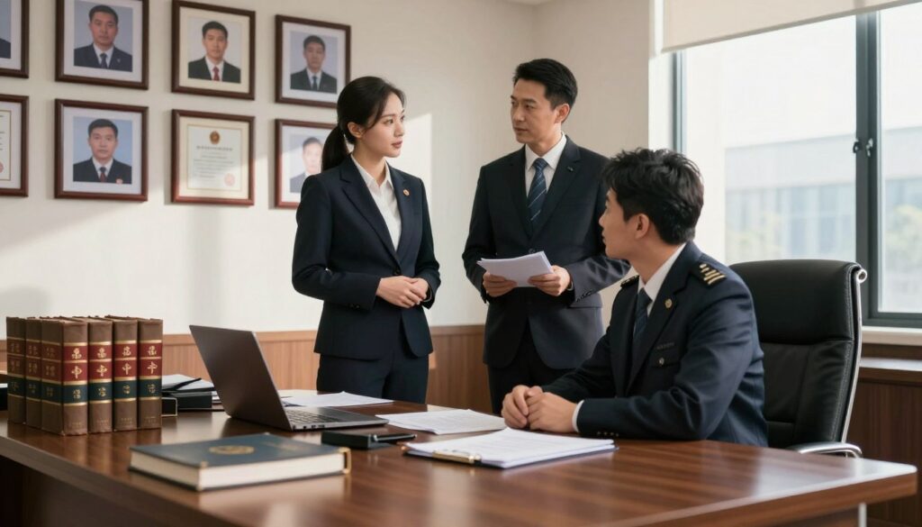 A professional office setting representing various ranks within a prosecution service. In the foreground, a polished wooden desk with legal books, a laptop, and documents spread out, showcasing a busy work atmosphere. In the middle ground, a well-dressed woman in a tailored suit, engaged in a discussion with a man in a formal outfit, both appearing focused and engaged. They stand in front of a wall displaying framed photos of notable prosecutors and certificates, illustrating career progression. The background features a large window with natural light streaming in, casting gentle shadows across the room, creating a warm, professional mood. The image captures an environment of authority and professionalism, suitable for discussing job ranks and salaries in the prosecutor's office.