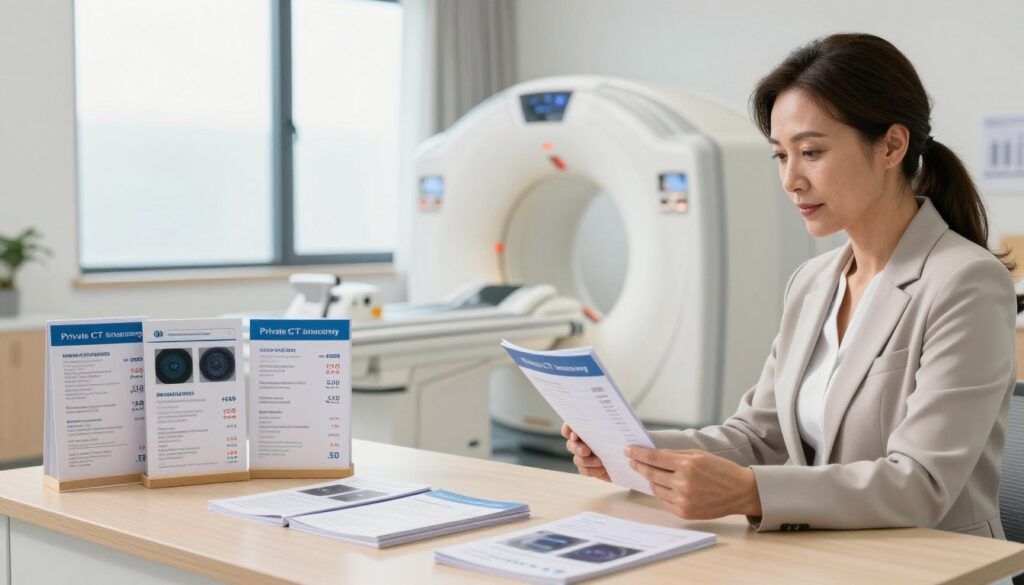 A professional scene comparing private CT scan offers, featuring a modern, well-lit medical consultation room. In the foreground, a neatly arranged table displays brochures from various imaging centers, showcasing their prices and services. A confident, middle-aged woman in professional attire examines the brochures with a thoughtful expression. In the middle ground, there's a sleek CT scanner, hinting at advanced technology. The background features a large window with soft natural light pouring in, highlighting a calm and informative atmosphere. The overall mood is professional and attentive, emphasizing the importance of comparing options and making an informed choice for affordable quality care. A professional scene comparing private CT scan offers, featuring a modern, well-lit medical consultation room. In the foreground, a neatly arranged table displays brochures from various imaging centers, showcasing their prices and services. A confident, middle-aged woman in professional attire examines the brochures with a thoughtful expression. In the middle ground, there's a sleek CT scanner, hinting at advanced technology. The background features a large window with soft natural light pouring in, highlighting a calm and informative atmosphere. The overall mood is professional and attentive, emphasizing the importance of comparing options and making an informed choice for affordable quality care.