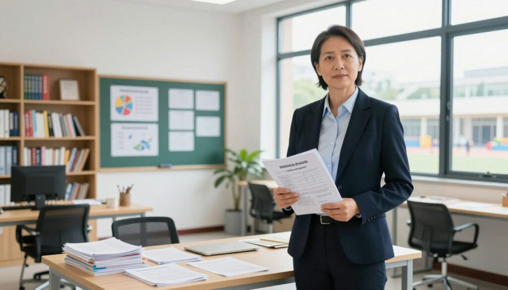 A professional school director stands confidently in a well-lit, modern office filled with educational resources and a large desk covered in documents. In the foreground, the director, a middle-aged individual in professional business attire, holds a folder with school reports, displaying a thoughtful expression. The middle ground features a chalkboard with educational charts and a bookshelf lined with educational books. In the background, large windows let in natural light, illuminating the room and providing a view of a school playground outside. The mood is serious yet inspiring, conveying leadership, responsibility, and dedication to education. The image captures the essence of a school director’s vital role and the weight of their responsibilities in shaping students' futures.